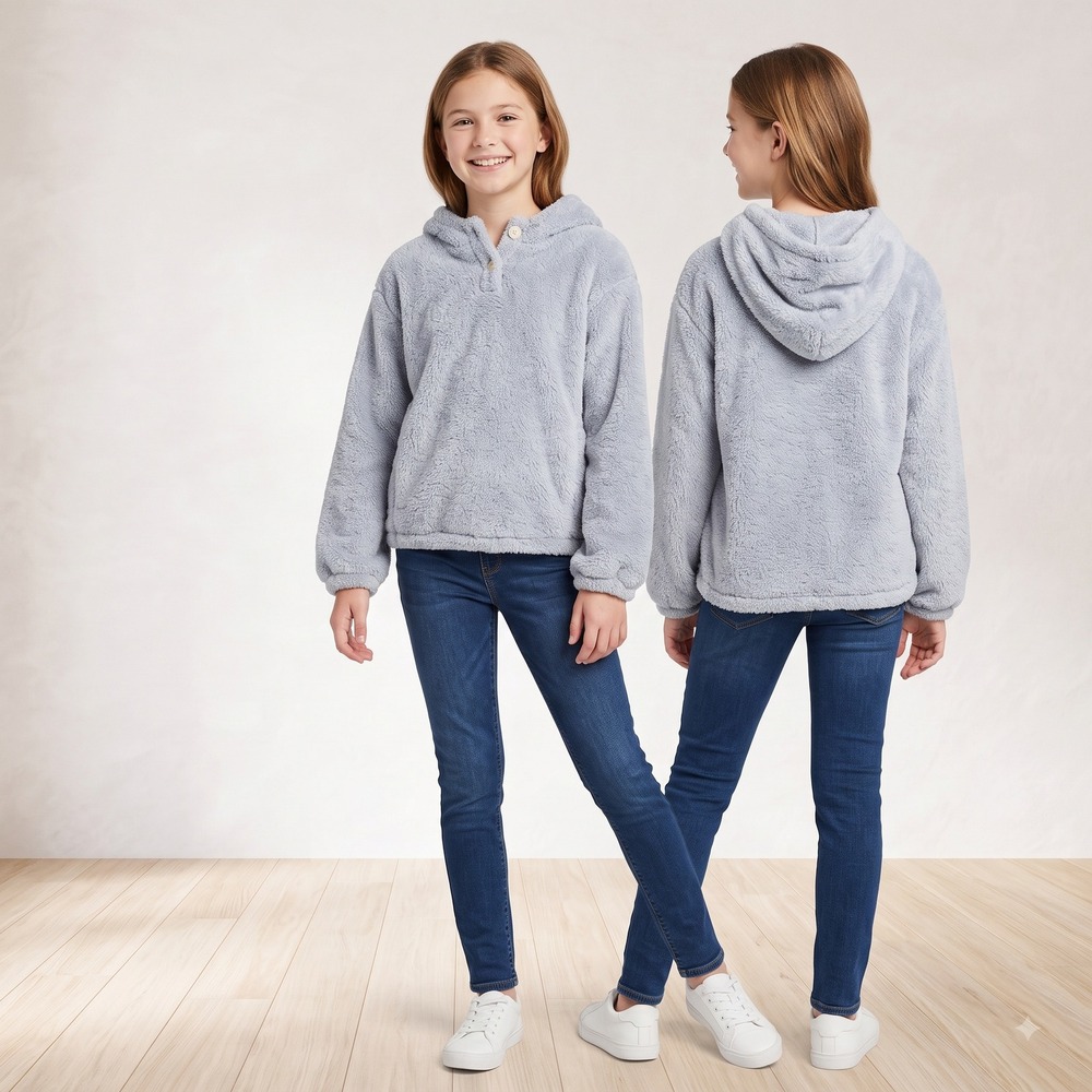 Girls Youth XL Gray Fuzzy Fleece Pullover Sweater Soft Warm Winter Top Kids